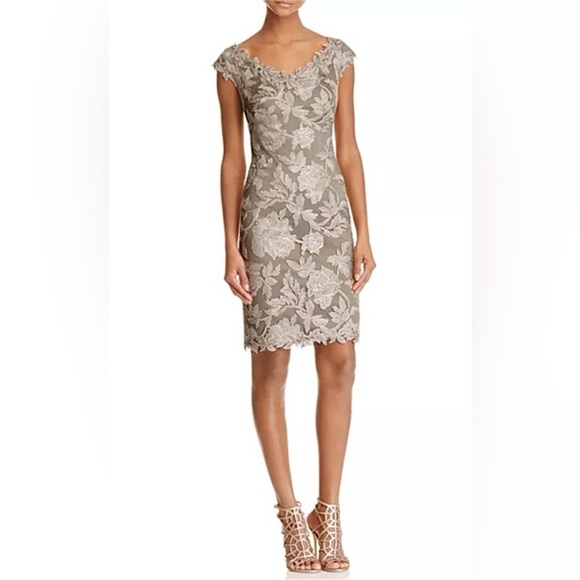 Tadashi Shoji Embroidered Lace Overlay V Neckline Cap Sleeve Elegant Midi Dress - Picture 1 of 11
